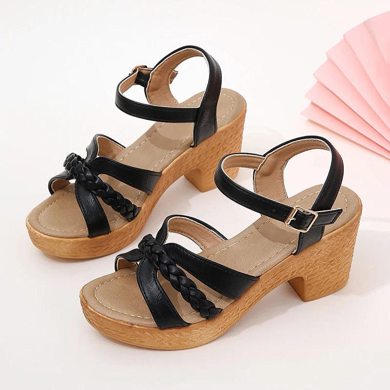Berlleni - Chunky Heel Weaving Platform Ankle Strap Sandals