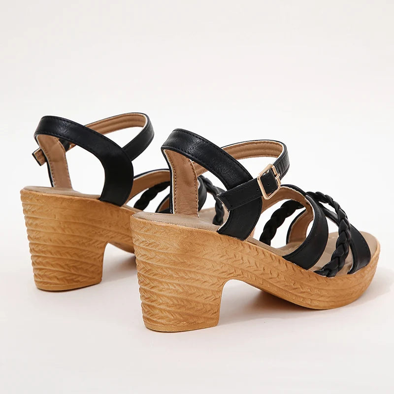 Berlleni - Chunky Heel Weaving Platform Ankle Strap Sandals