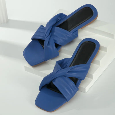 Berlleni - Summer Ruched Cross Tie Bow Open Toe Slippers