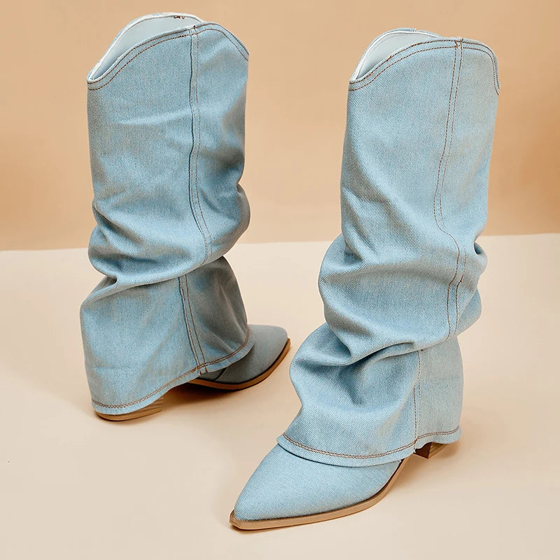 Berlleni - Pleated Block Heel Denim Boots for Women