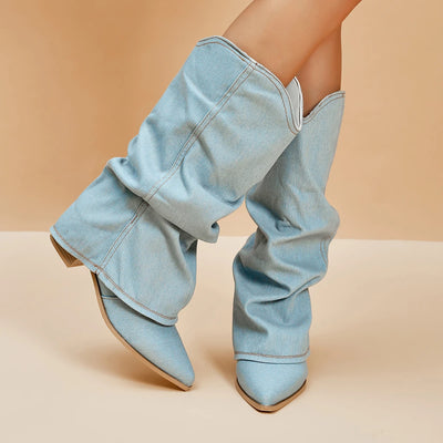 Berlleni - Pleated Block Heel Denim Boots for Women